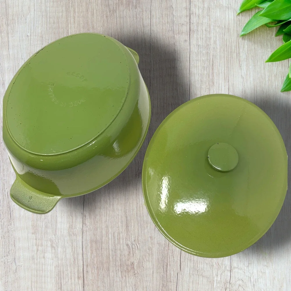 Vintage French Enameled Cast Iron Oval Dutch Oven Cocotte Olive Green France